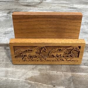 Vtg Lasercraft Engraved Solid Walnut Wood Business Card Holder Desk Accessory